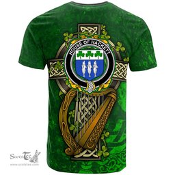 ScotsTee Shop Irish House of HACKETT Coat of Arms Irish Family Crest T Shirt Irish Shamrock Celtic Cross and Harp T Shirt