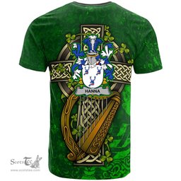 ScotsTee Shop Irish Hanna or O Hanna Coat of Arms Irish Family Crest T Shirt Irish Shamrock Celtic Cross and Harp T Shirt