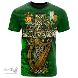 ScotsTee Shop Irish Haltridge Coat of Arms Irish Family Crest T Shirt Irish Shamrock Celtic Cross and Harp T Shirt