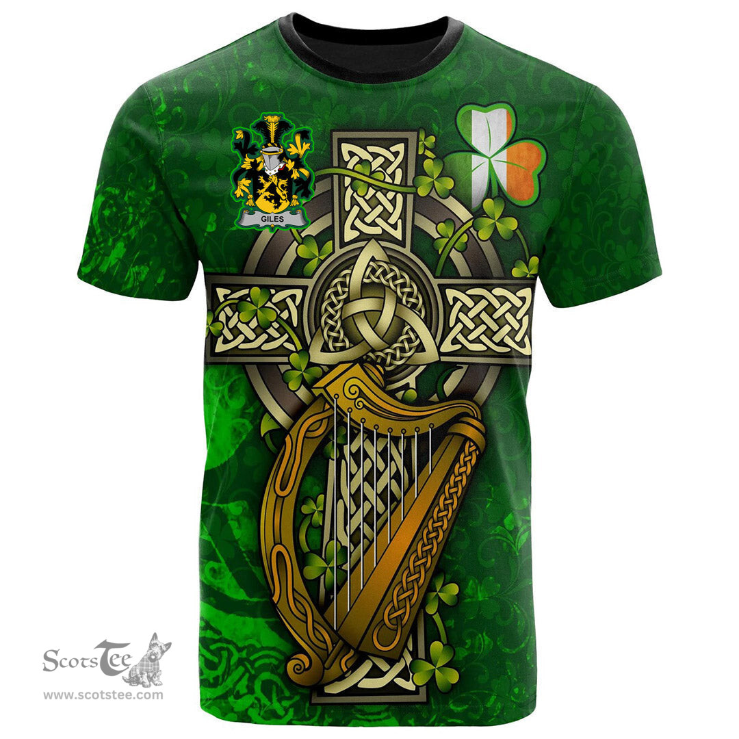 ScotsTee Shop Irish Giles or Gyles Coat of Arms Irish Family Crest T Shirt Irish Shamrock Celtic Cross and Harp T Shirt