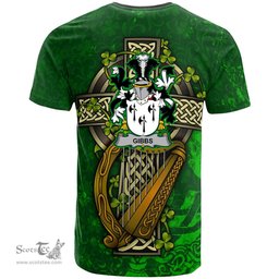 ScotsTee Shop Irish Gibbs Coat of Arms Irish Family Crest T Shirt Irish Shamrock Celtic Cross and Harp T Shirt