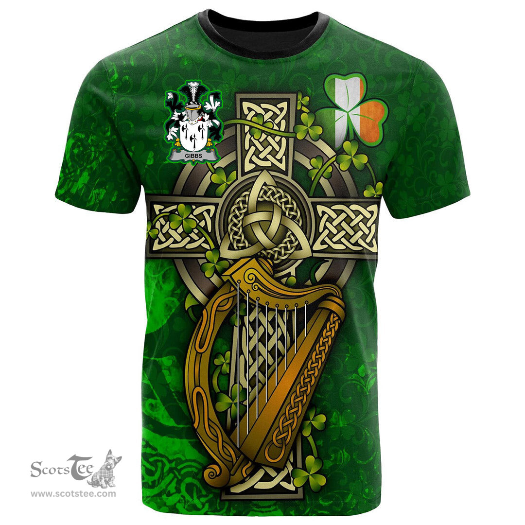 ScotsTee Shop Irish Gibbs Coat of Arms Irish Family Crest T Shirt Irish Shamrock Celtic Cross and Harp T Shirt