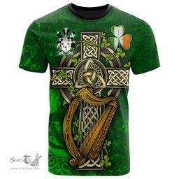 ScotsTee Shop Irish Gibbs Coat of Arms Irish Family Crest T Shirt Irish Shamrock Celtic Cross and Harp T Shirt