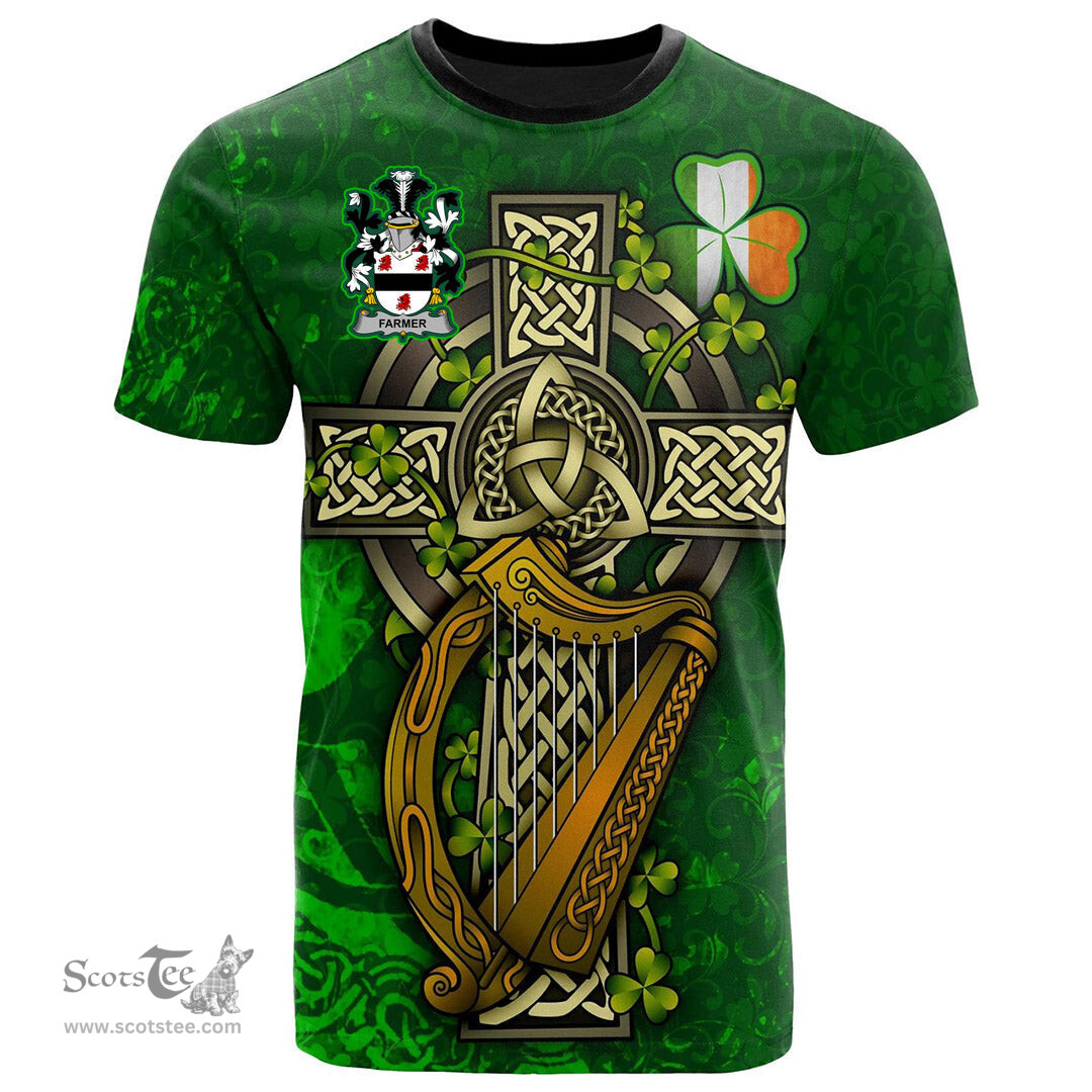 ScotsTee Shop Irish Farmer Coat of Arms Irish Family Crest T Shirt Irish Shamrock Celtic Cross and Harp T Shirt