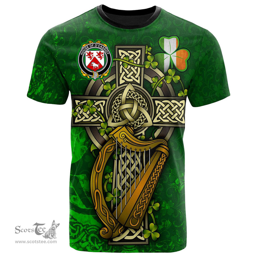 ScotsTee Shop Irish House of O CASSIDY Coat of Arms Irish Family Crest T Shirt Irish Shamrock Celtic Cross and Harp T Shirt