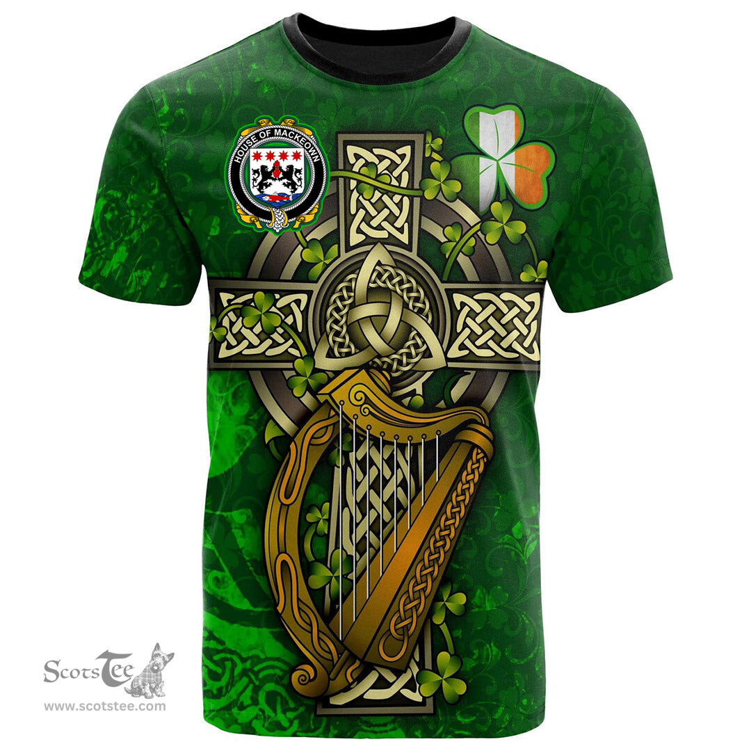 ScotsTee Shop Irish House of MACKEOWN Coat of Arms Irish Family Crest T Shirt Irish Shamrock Celtic Cross and Harp T Shirt