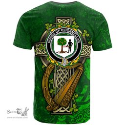 ScotsTee Shop Irish House of O DONNELLAN Coat of Arms Irish Family Crest T Shirt Irish Shamrock Celtic Cross and Harp T Shirt