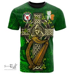 ScotsTee Shop Irish House of FOX Coat of Arms Irish Family Crest T Shirt Irish Shamrock Celtic Cross and Harp T Shirt