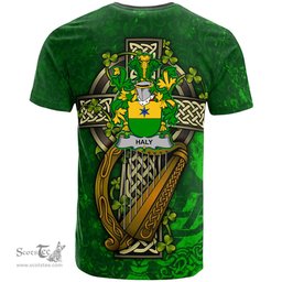 ScotsTee Shop Irish Haly or O Haly Coat of Arms Irish Family Crest T Shirt Irish Shamrock Celtic Cross and Harp T Shirt