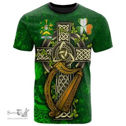 ScotsTee Shop Irish Homan or Howman Coat of Arms Irish Family Crest T Shirt Irish Shamrock Celtic Cross and Harp T Shirt