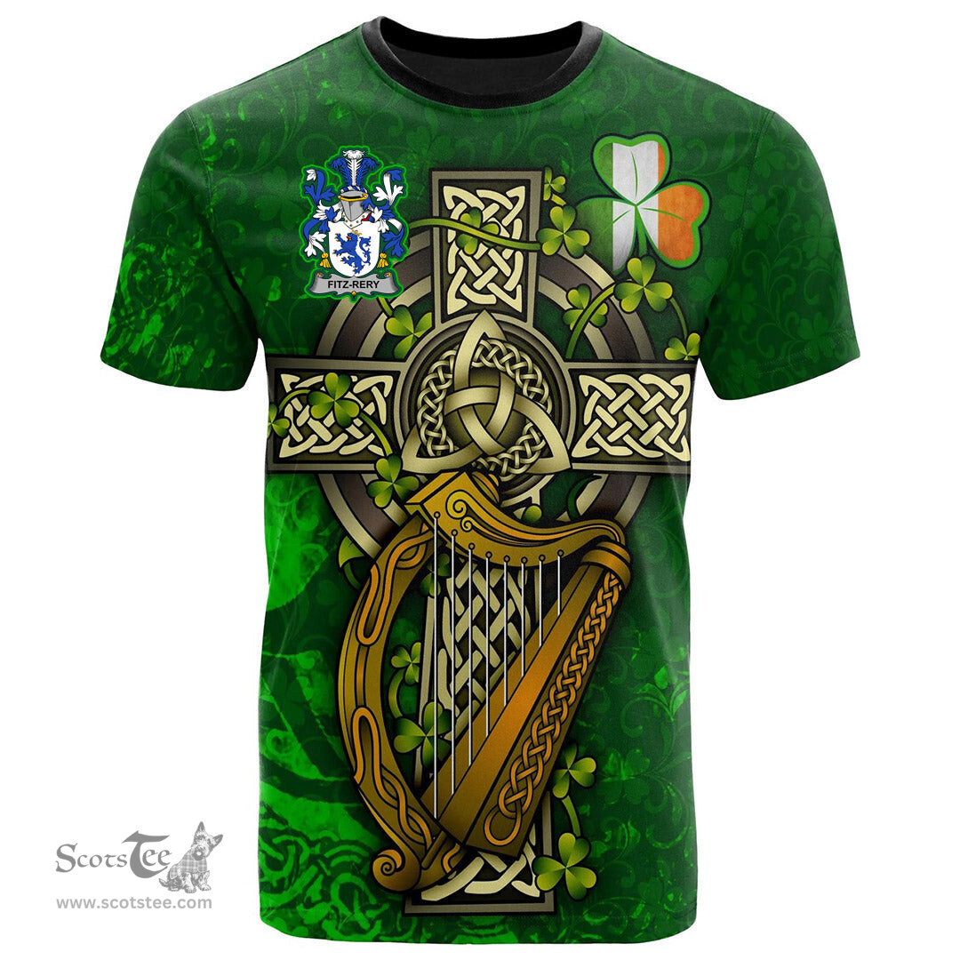 ScotsTee Shop Irish Fitz Rery Coat of Arms Irish Family Crest T Shirt Irish Shamrock Celtic Cross and Harp T Shirt