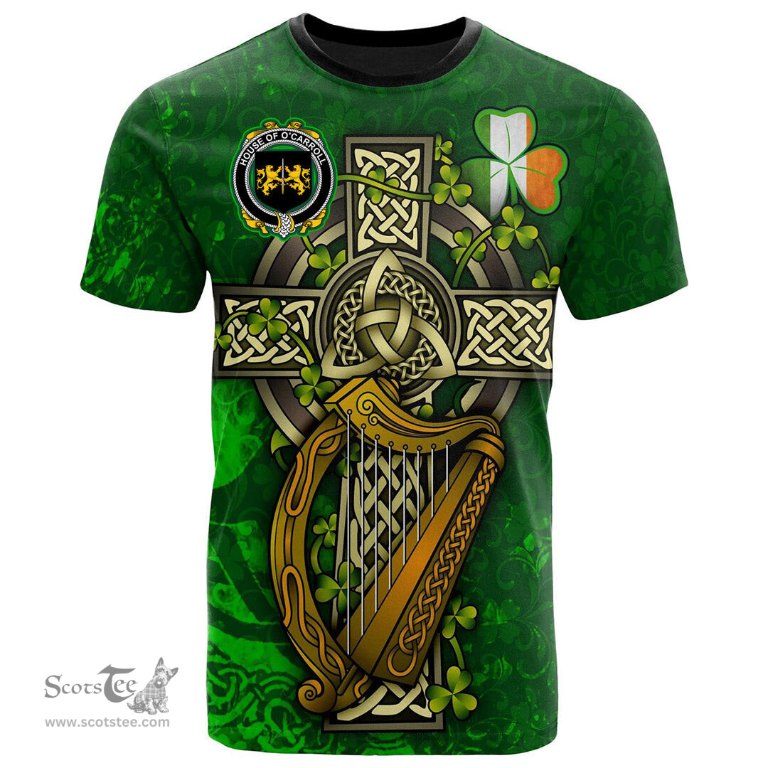 ScotsTee Shop Irish House of O CARROLL Coat of Arms Irish Family Crest T Shirt Irish Shamrock Celtic Cross and Harp T Shirt
