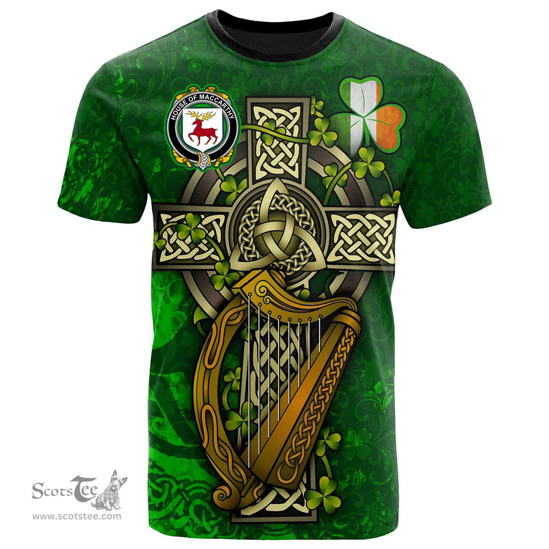 ScotsTee Shop Irish House of MACCARTHY Coat of Arms Irish Family Crest T Shirt Irish Shamrock Celtic Cross and Harp T Shirt
