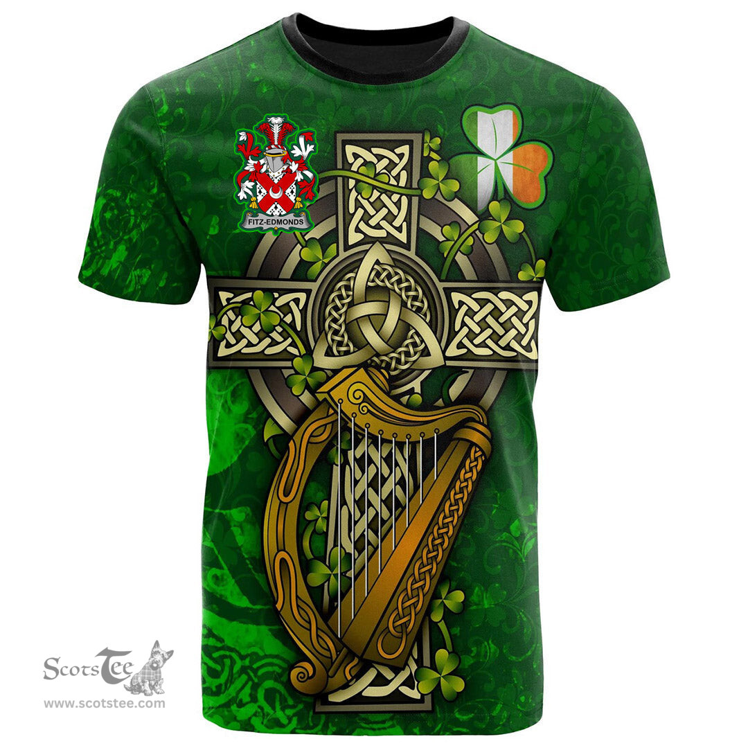 ScotsTee Shop Irish Fitz Edmonds Coat of Arms Irish Family Crest T Shirt Irish Shamrock Celtic Cross and Harp T Shirt