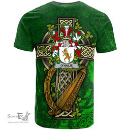 ScotsTee Shop Irish Halie or O Halie Coat of Arms Irish Family Crest T Shirt Irish Shamrock Celtic Cross and Harp T Shirt
