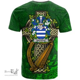 ScotsTee Shop Irish Gilfoyle or McGilfoyle Coat of Arms Irish Family Crest T Shirt Irish Shamrock Celtic Cross and Harp T Shirt