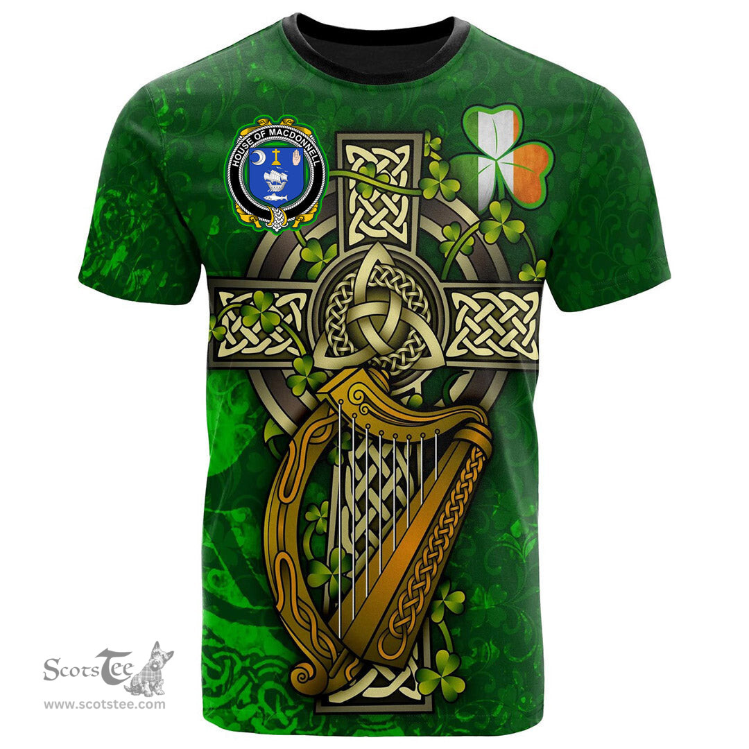 ScotsTee Shop Irish House of MACDONNELL Clare and Connacht Coat of Arms Irish Family Crest T Shirt Irish Shamrock Celtic Cross and Harp T Shirt
