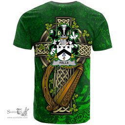 ScotsTee Shop Irish Falls Coat of Arms Irish Family Crest T Shirt Irish Shamrock Celtic Cross and Harp T Shirt
