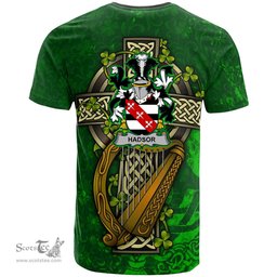 ScotsTee Shop Irish Hadsor Coat of Arms Irish Family Crest T Shirt Irish Shamrock Celtic Cross and Harp T Shirt