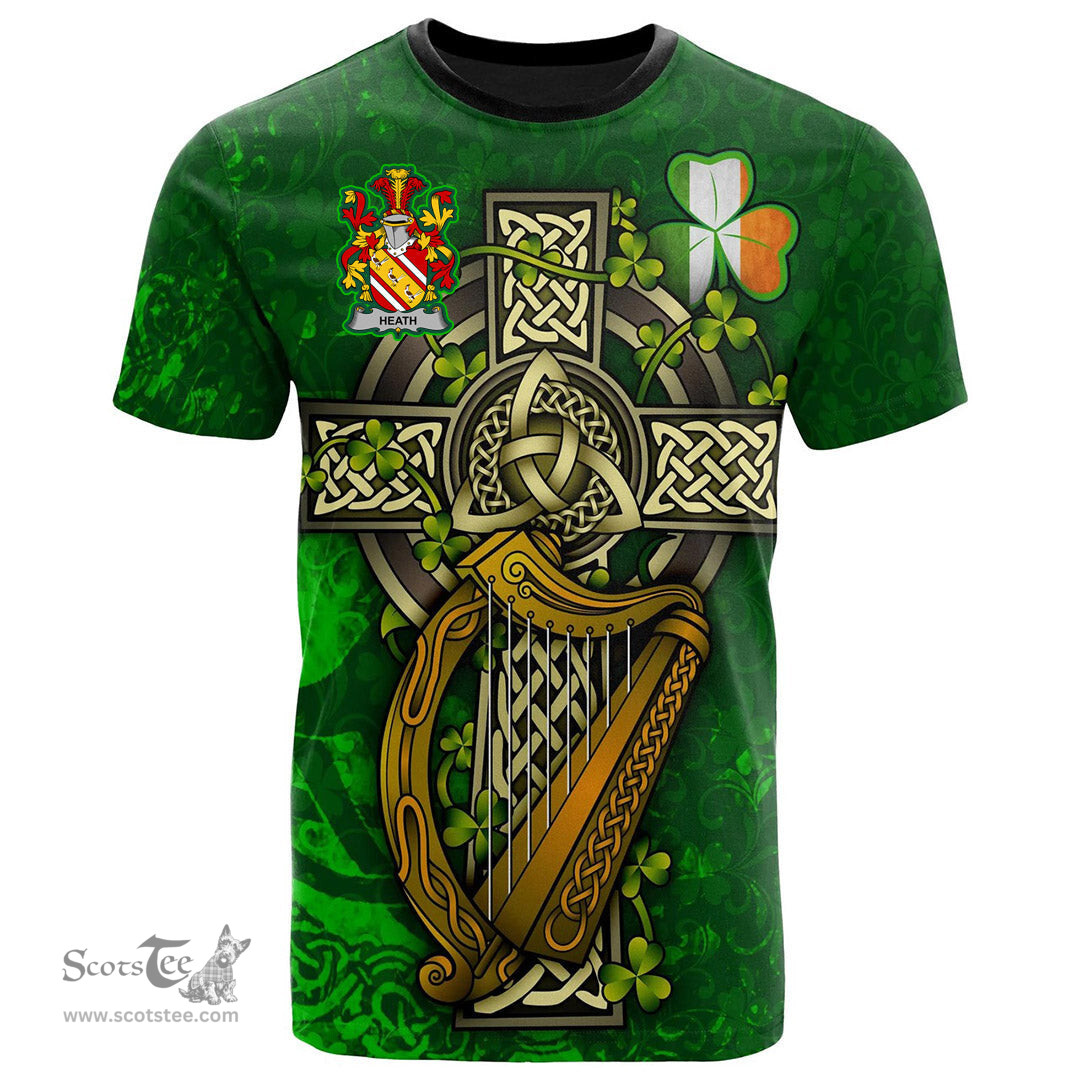 ScotsTee Shop Irish Heath Coat of Arms Irish Family Crest T Shirt Irish Shamrock Celtic Cross and Harp T Shirt