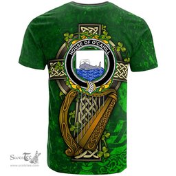 ScotsTee Shop Irish House of O CAHILL Coat of Arms Irish Family Crest T Shirt Irish Shamrock Celtic Cross and Harp T Shirt