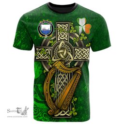 ScotsTee Shop Irish House of O CAHILL Coat of Arms Irish Family Crest T Shirt Irish Shamrock Celtic Cross and Harp T Shirt
