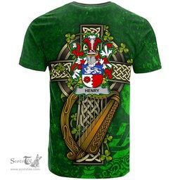 ScotsTee Shop Irish Henry or O Henry Coat of Arms Irish Family Crest T Shirt Irish Shamrock Celtic Cross and Harp T Shirt