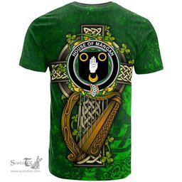 ScotsTee Shop Irish House of MANGAN Coat of Arms Irish Family Crest T Shirt Irish Shamrock Celtic Cross and Harp T Shirt