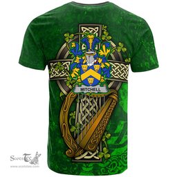 ScotsTee Shop Irish Mitchell Coat of Arms Irish Family Crest T Shirt Irish Shamrock Celtic Cross and Harp T Shirt