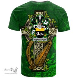ScotsTee Shop Irish Margetson Coat of Arms Irish Family Crest T Shirt Irish Shamrock Celtic Cross and Harp T Shirt