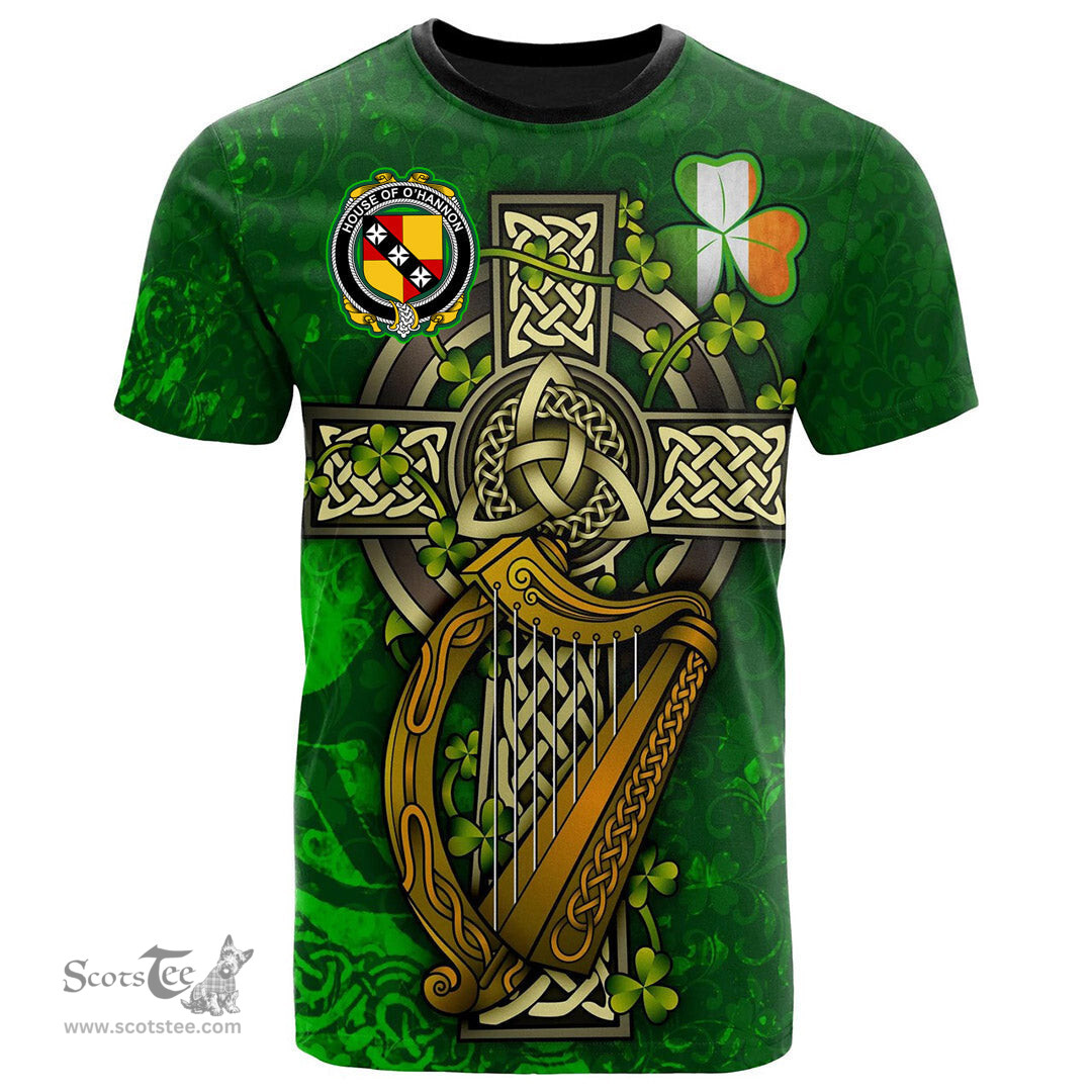 ScotsTee Shop Irish House of O HANNON Coat of Arms Irish Family Crest T Shirt Irish Shamrock Celtic Cross and Harp T Shirt