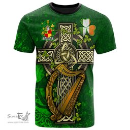 ScotsTee Shop Irish Packenham Coat of Arms Irish Family Crest T Shirt Irish Shamrock Celtic Cross and Harp T Shirt