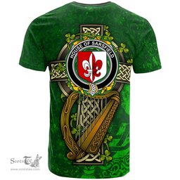 ScotsTee Shop Irish House of SARSFIELD Coat of Arms Irish Family Crest T Shirt Irish Shamrock Celtic Cross and Harp T Shirt