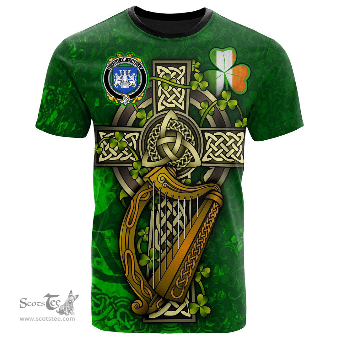 ScotsTee Shop Irish House of O KELLY Coat of Arms Irish Family Crest T Shirt Irish Shamrock Celtic Cross and Harp T Shirt