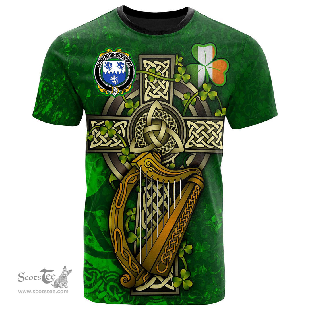 ScotsTee Shop Irish House of O SCANLAN Munster Coat of Arms Irish Family Crest T Shirt Irish Shamrock Celtic Cross and Harp T Shirt
