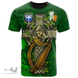 ScotsTee Shop Irish House of O SCANLAN Munster Coat of Arms Irish Family Crest T Shirt Irish Shamrock Celtic Cross and Harp T Shirt