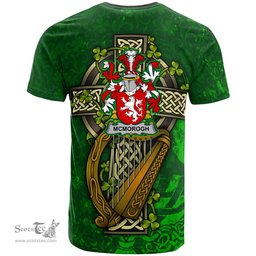 ScotsTee Shop Irish McMorogh or McMorrow Coat of Arms Irish Family Crest T Shirt Irish Shamrock Celtic Cross and Harp T Shirt