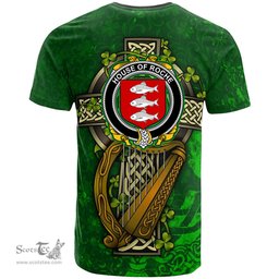 ScotsTee Shop Irish House of ROCHE Coat of Arms Irish Family Crest T Shirt Irish Shamrock Celtic Cross and Harp T Shirt