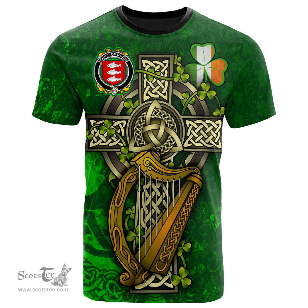 ScotsTee Shop Irish House of ROCHE Coat of Arms Irish Family Crest T Shirt Irish Shamrock Celtic Cross and Harp T Shirt