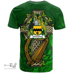 ScotsTee Shop Irish Morrissey Coat of Arms Irish Family Crest T Shirt Irish Shamrock Celtic Cross and Harp T Shirt