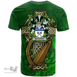ScotsTee Shop Irish McCourt Coat of Arms Irish Family Crest T Shirt Irish Shamrock Celtic Cross and Harp T Shirt
