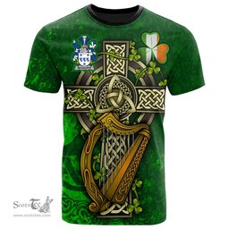 ScotsTee Shop Irish McAuliffe Coat of Arms Irish Family Crest T Shirt Irish Shamrock Celtic Cross and Harp T Shirt