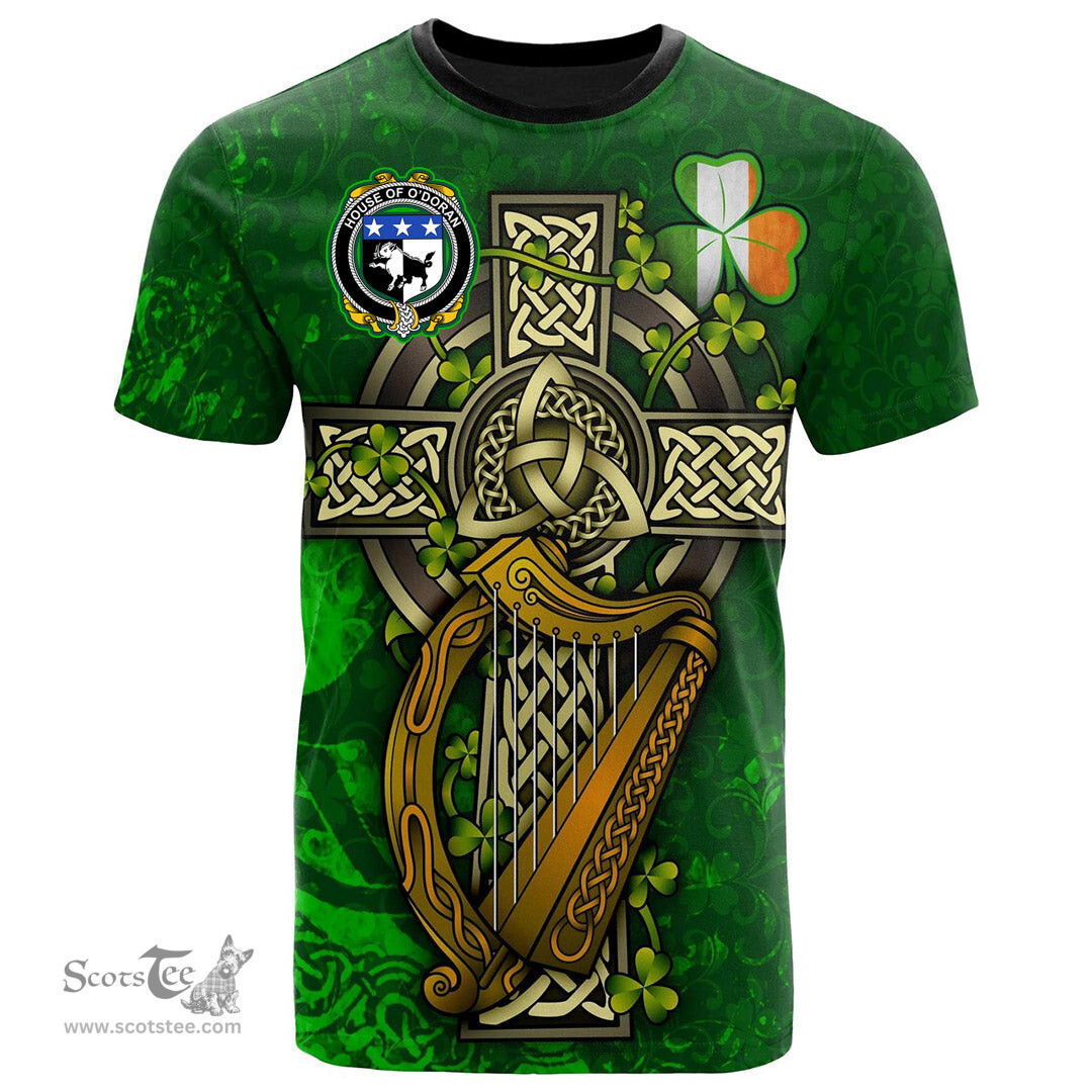 ScotsTee Shop Irish House of O DORAN Coat of Arms Irish Family Crest T Shirt Irish Shamrock Celtic Cross and Harp T Shirt