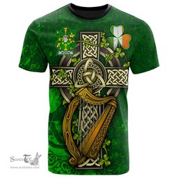 ScotsTee Shop Irish McAdam Coat of Arms Irish Family Crest T Shirt Irish Shamrock Celtic Cross and Harp T Shirt