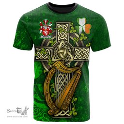 ScotsTee Shop Irish Keegan or Egan Coat of Arms Irish Family Crest T Shirt Irish Shamrock Celtic Cross and Harp T Shirt