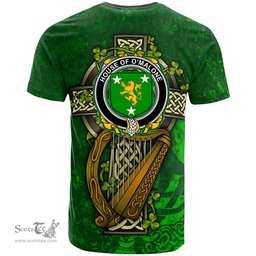 ScotsTee Shop Irish House of O MALONE Coat of Arms Irish Family Crest T Shirt Irish Shamrock Celtic Cross and Harp T Shirt