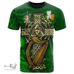 ScotsTee Shop Irish Mahony or O Mahoney Coat of Arms Irish Family Crest T Shirt Irish Shamrock Celtic Cross and Harp T Shirt
