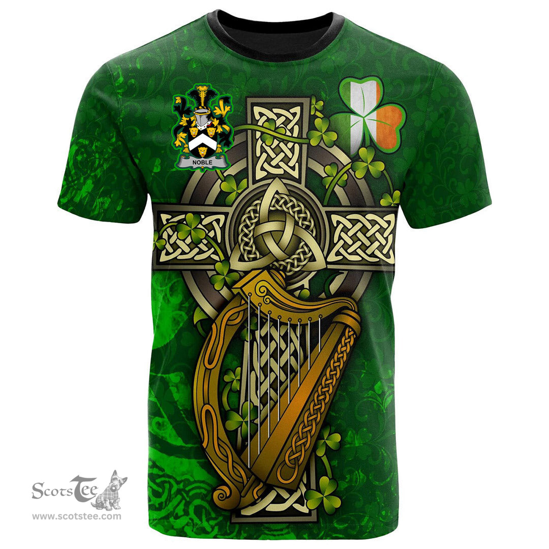 ScotsTee Shop Irish Noble Coat of Arms Irish Family Crest T Shirt Irish Shamrock Celtic Cross and Harp T Shirt