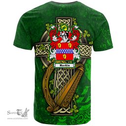 ScotsTee Shop Irish Mackin Coat of Arms Irish Family Crest T Shirt Irish Shamrock Celtic Cross and Harp T Shirt