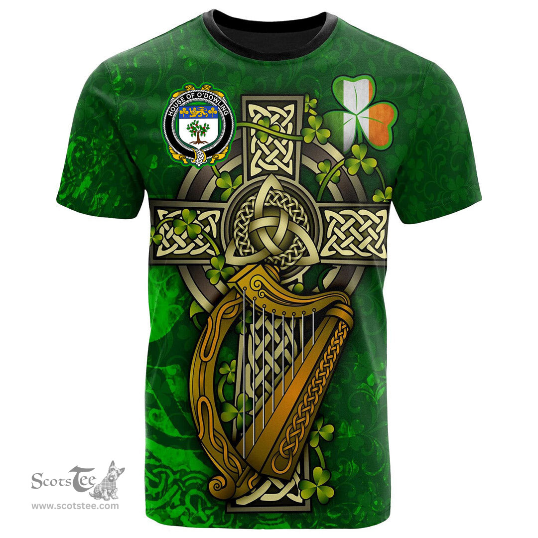 ScotsTee Shop Irish House of O DOWLING Coat of Arms Irish Family Crest T Shirt Irish Shamrock Celtic Cross and Harp T Shirt